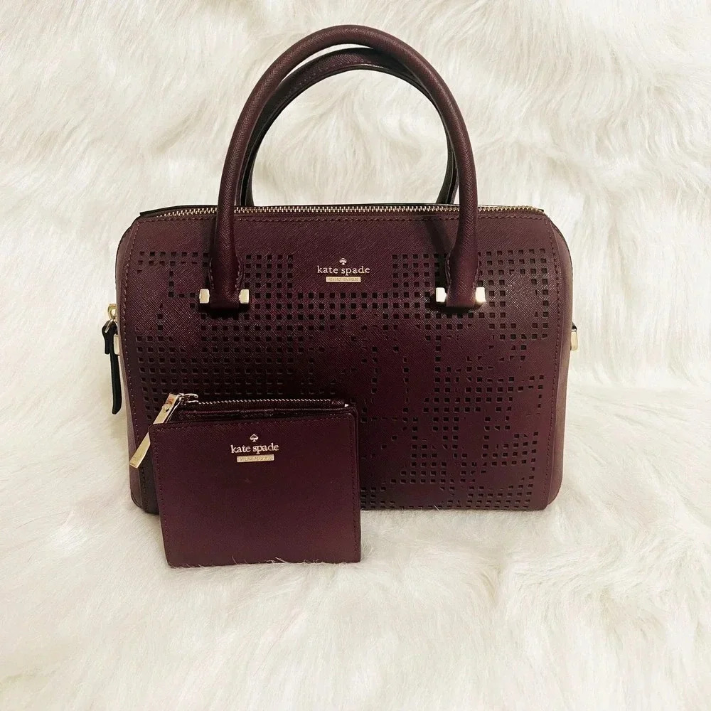 Kate Spade Perforated Cameron Street Burgandy Barrel Pocketbook & Billfold